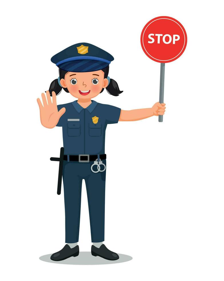 Cute little girl wearing police officer uniform holding stop traffic sign vector