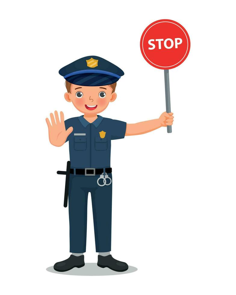 Cute little boy wearing police officer uniform holding stop traffic sign vector