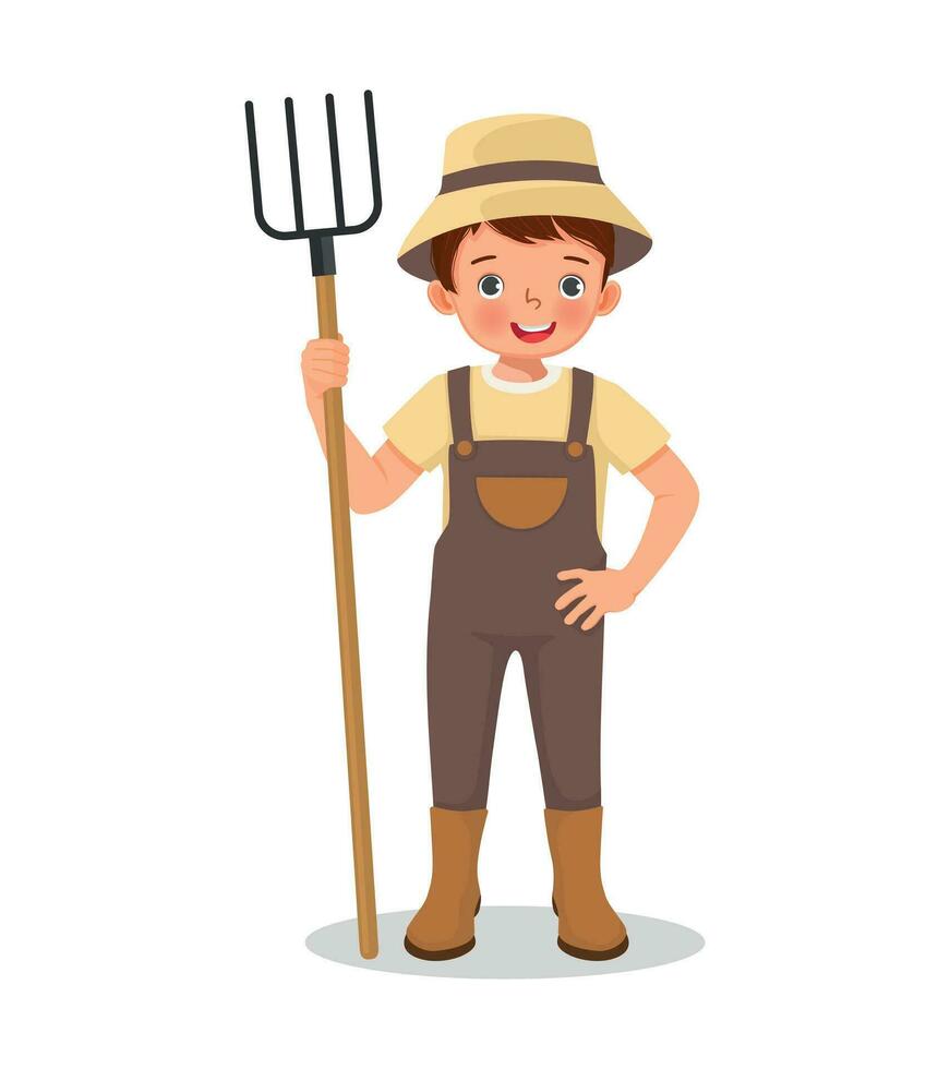 Cute little boy farmer holding a rake working in the farm vector