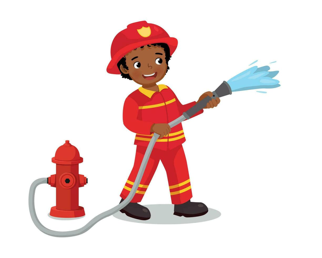 cute little African boy wear firefighter uniform holding fire hose flowing water from fire hydrant vector