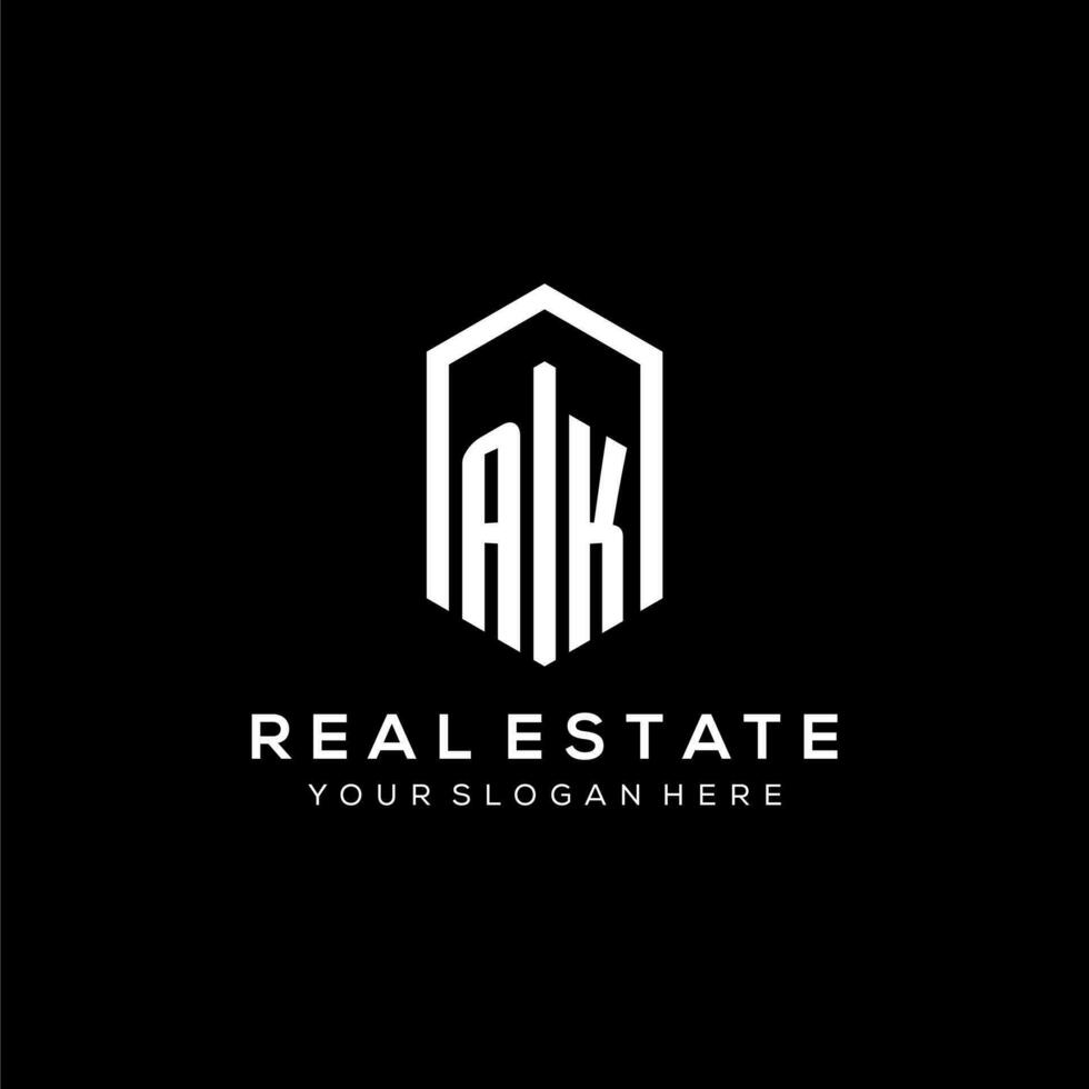 Letter AK logo for real estate with hexagon icon design vector
