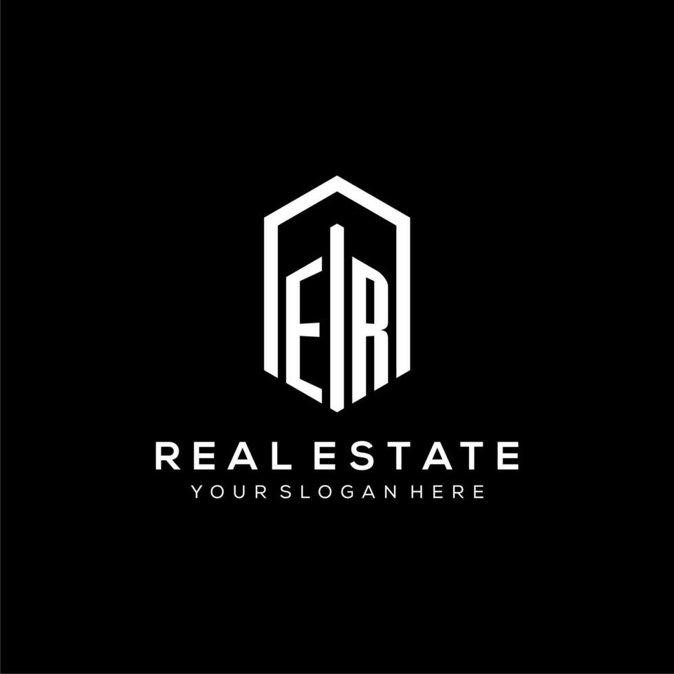 Letter ER logo for real estate with hexagon icon design vector