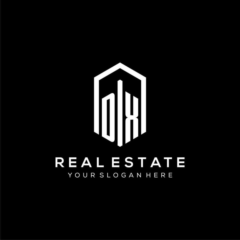 Letter DX logo for real estate with hexagon icon design vector