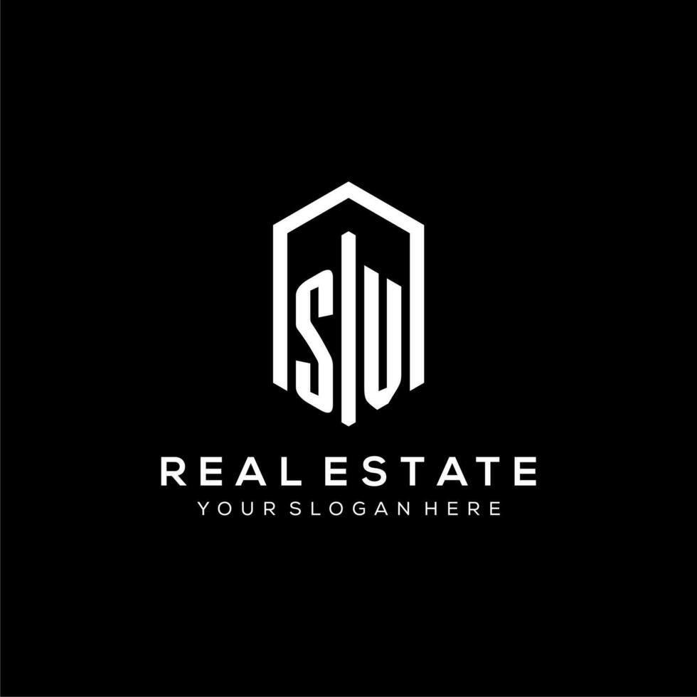 Letter SV logo for real estate with hexagon icon design vector