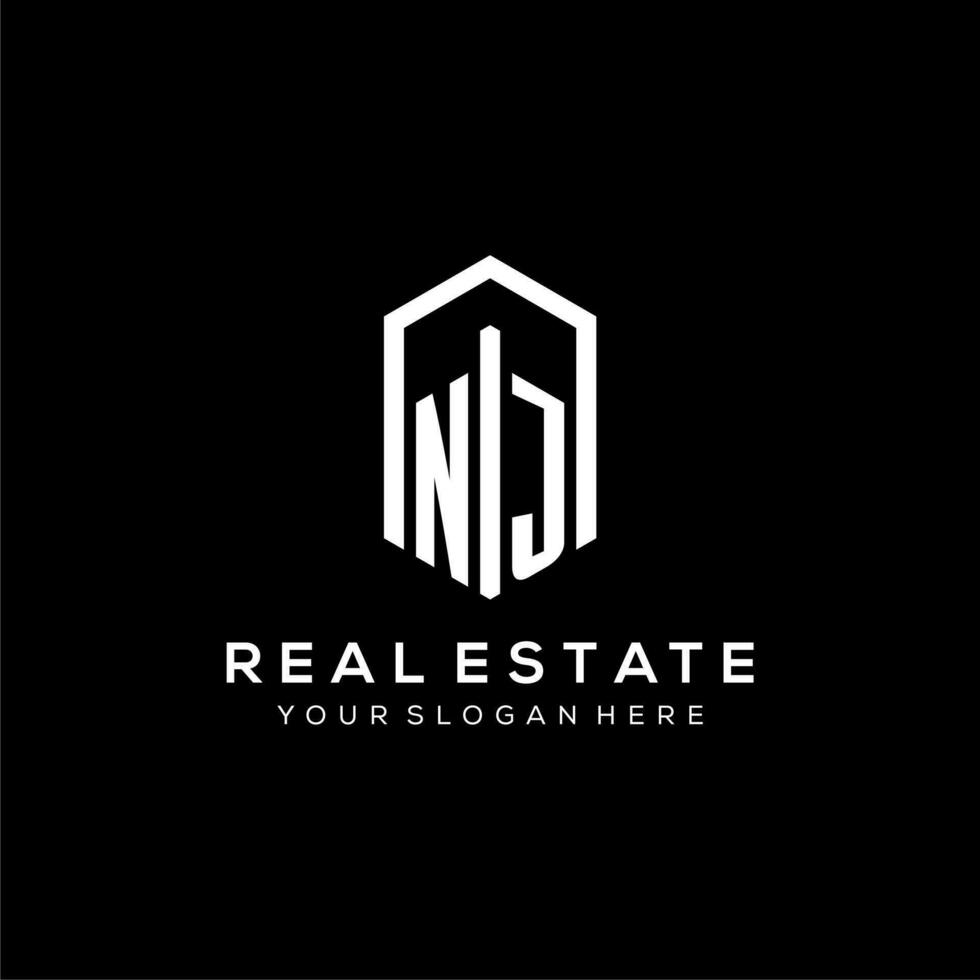 Letter NJ logo for real estate with hexagon icon design vector