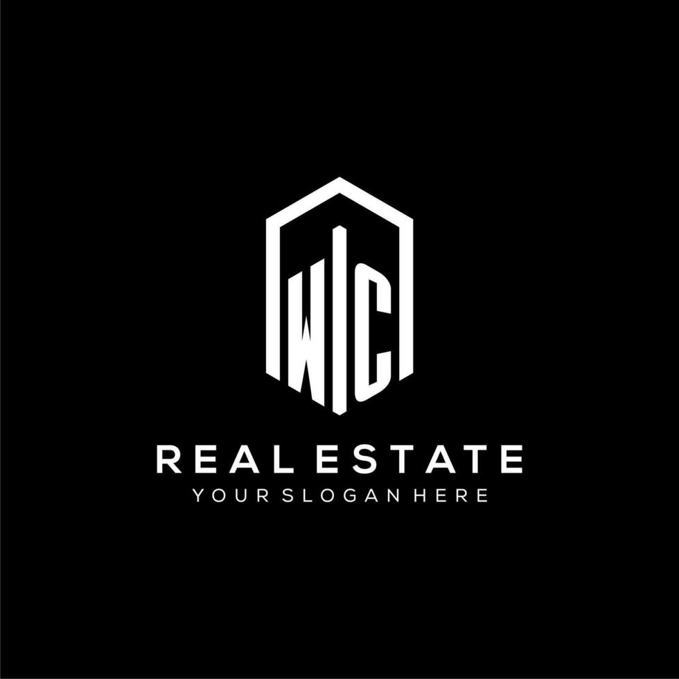 Letter WC logo for real estate with hexagon icon design vector