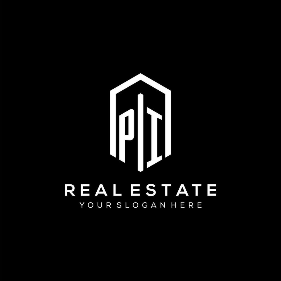 Letter PI logo for real estate with hexagon icon design vector