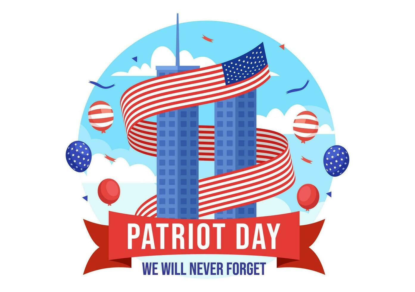 contento Estados Unidos patriota día vector ilustración con unido estados bandera, 911 monumento y nosotros será Nunca olvidar antecedentes diseño mano dibujado plantillas