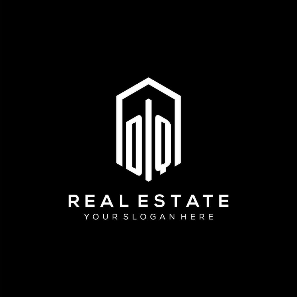 Letter DQ logo for real estate with hexagon icon design vector