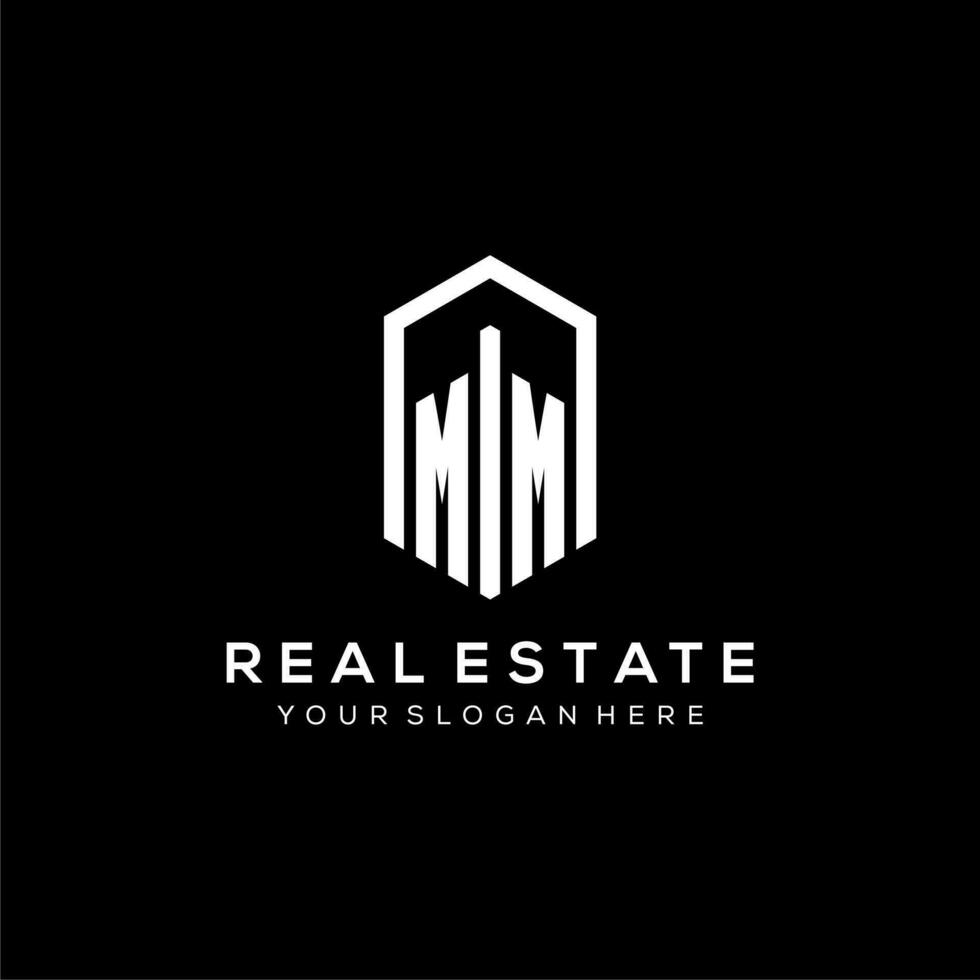 Letter MM logo for real estate with hexagon icon design vector