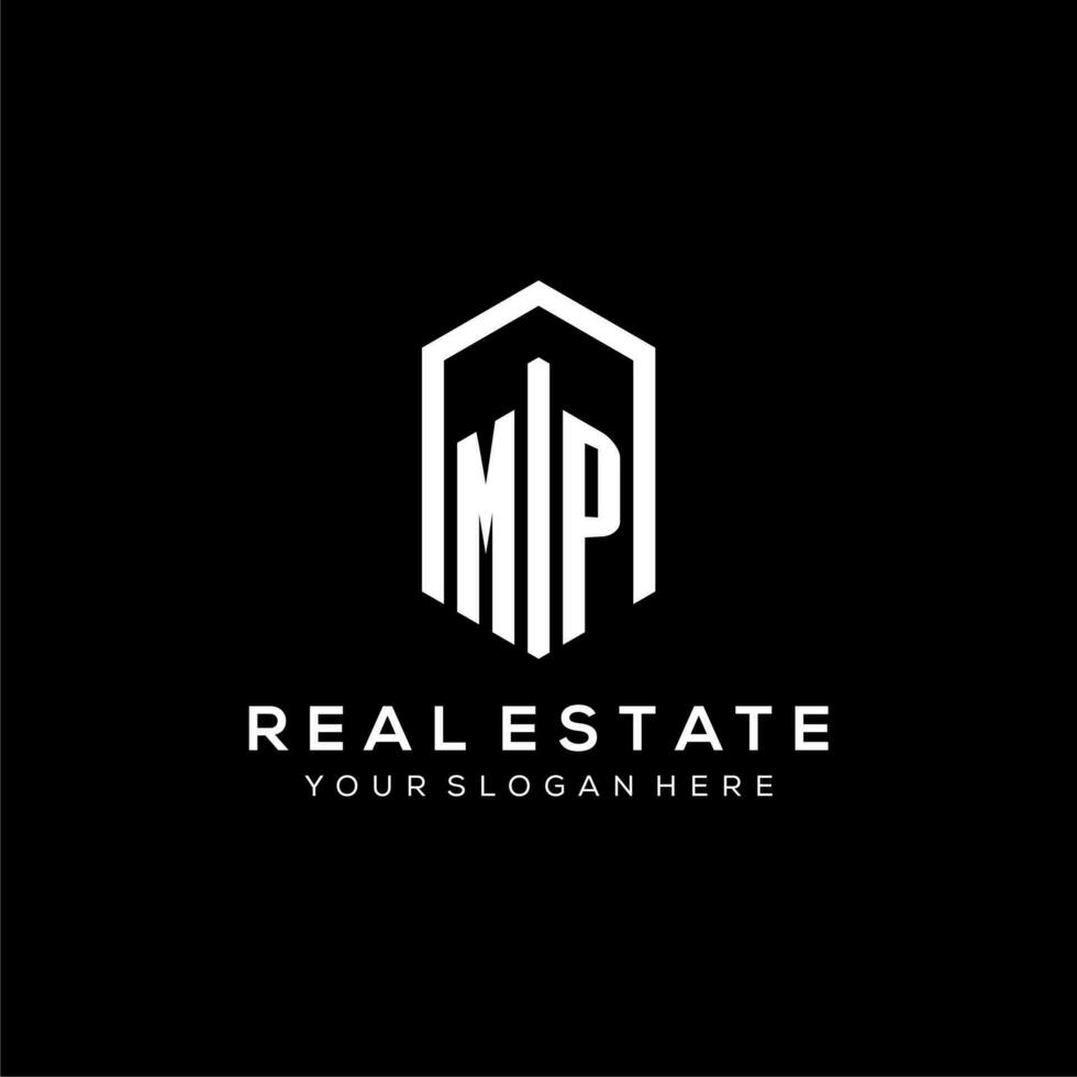 Letter MP logo for real estate with hexagon icon design vector
