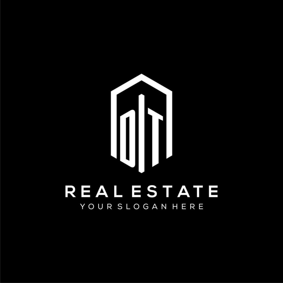 Letter DT logo for real estate with hexagon icon design vector
