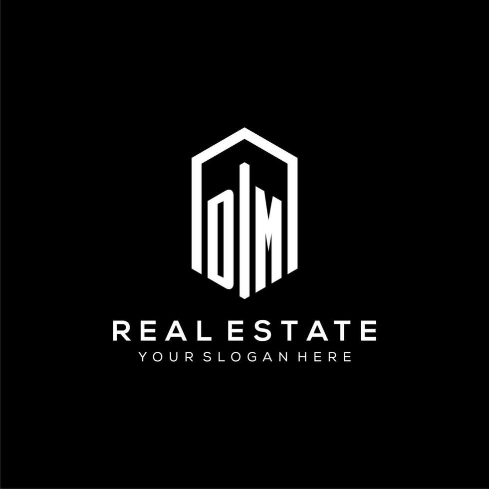 Letter DM logo for real estate with hexagon icon design vector