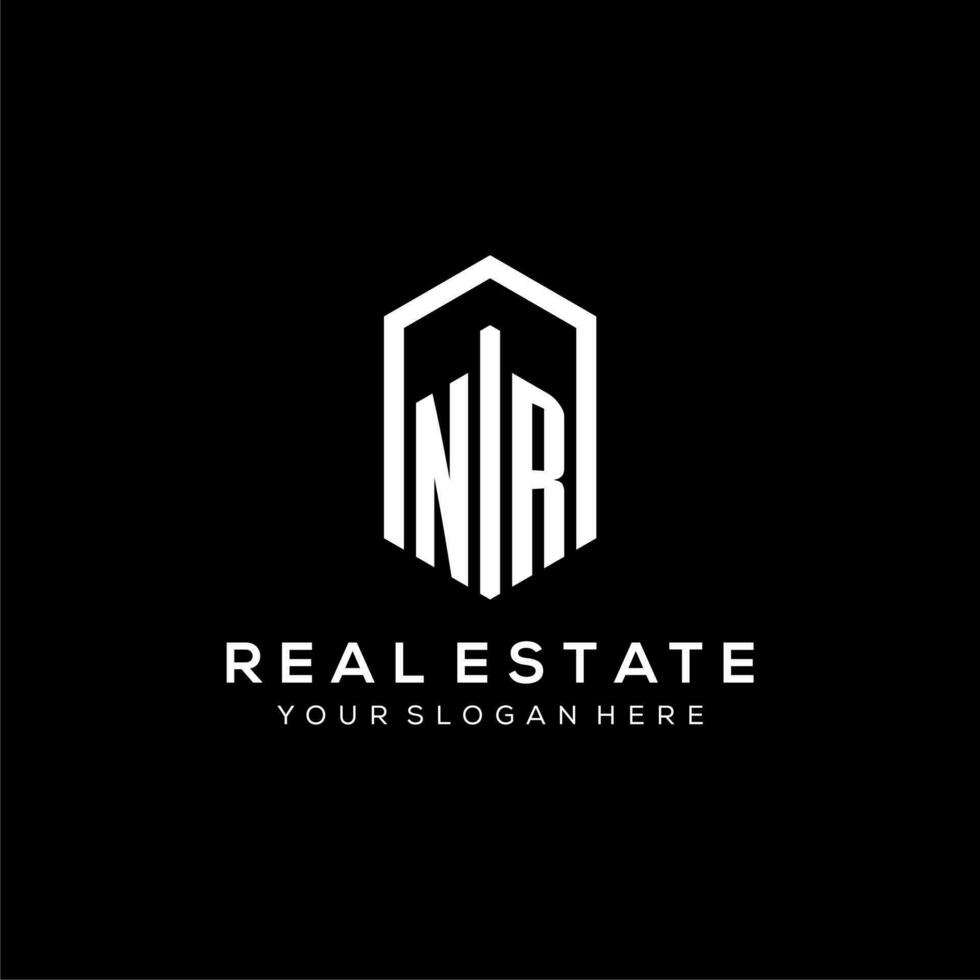 Letter NR logo for real estate with hexagon icon design vector