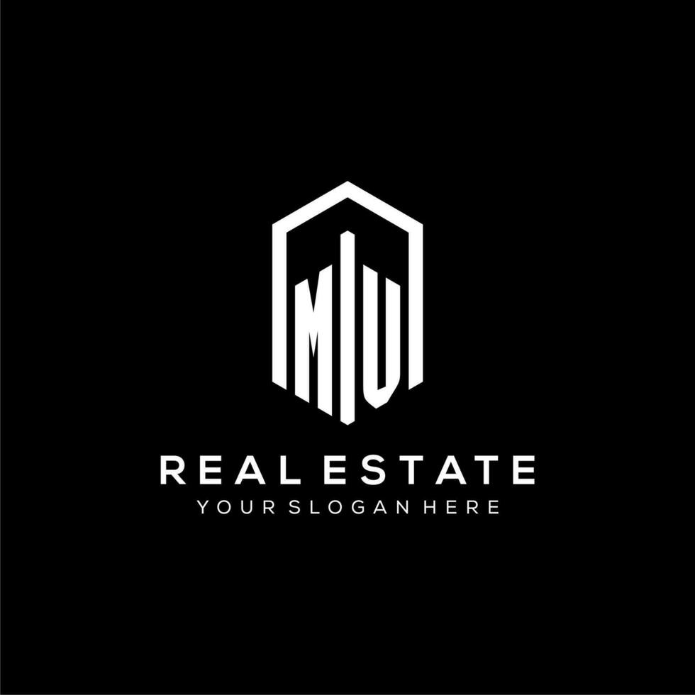 Letter MV logo for real estate with hexagon icon design vector