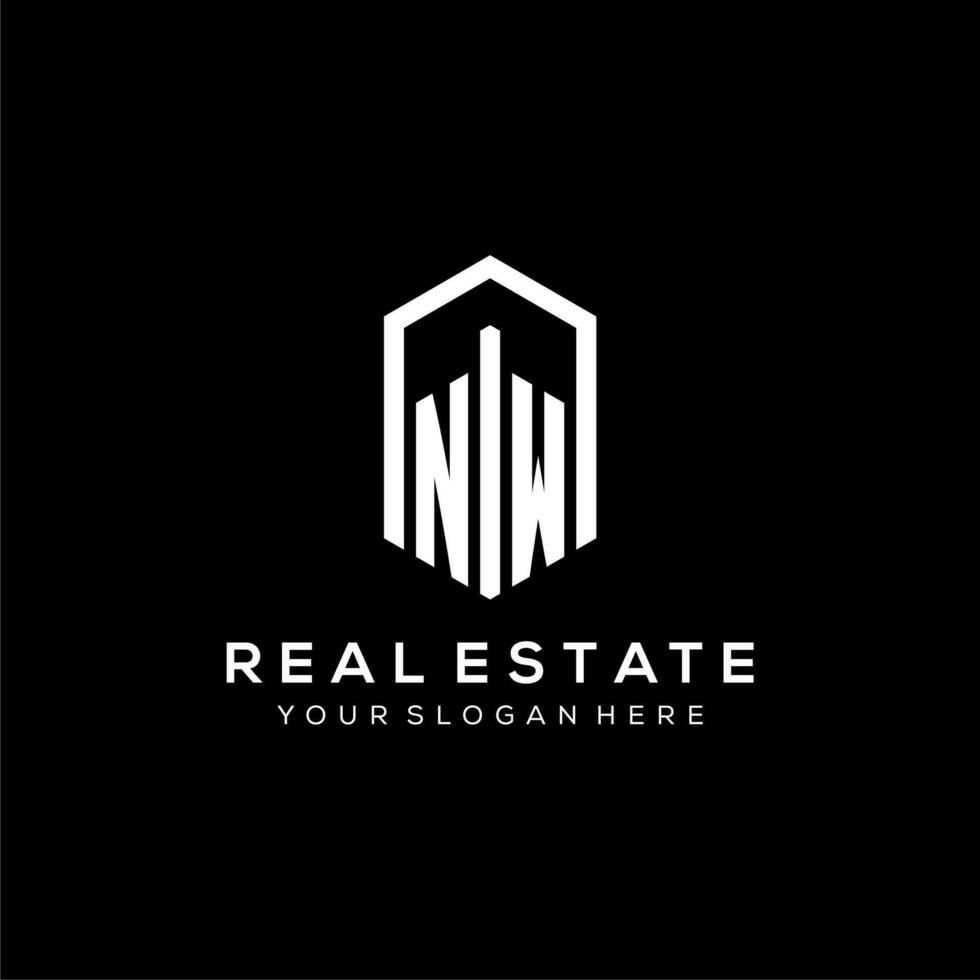 Letter NW logo for real estate with hexagon icon design vector