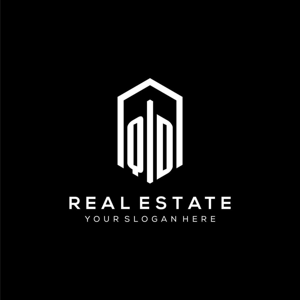 Letter QD logo for real estate with hexagon icon design vector