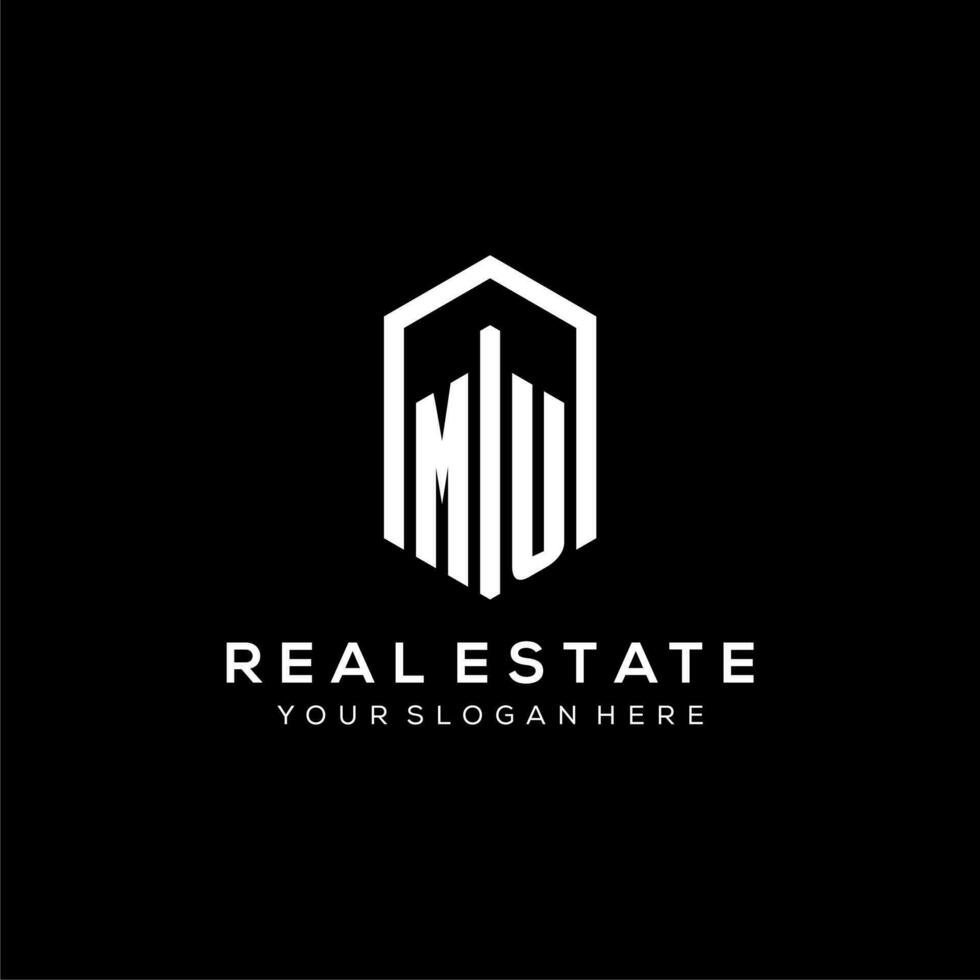 Letter MU logo for real estate with hexagon icon design vector