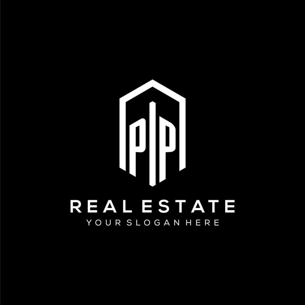 Letter PP logo for real estate with hexagon icon design vector