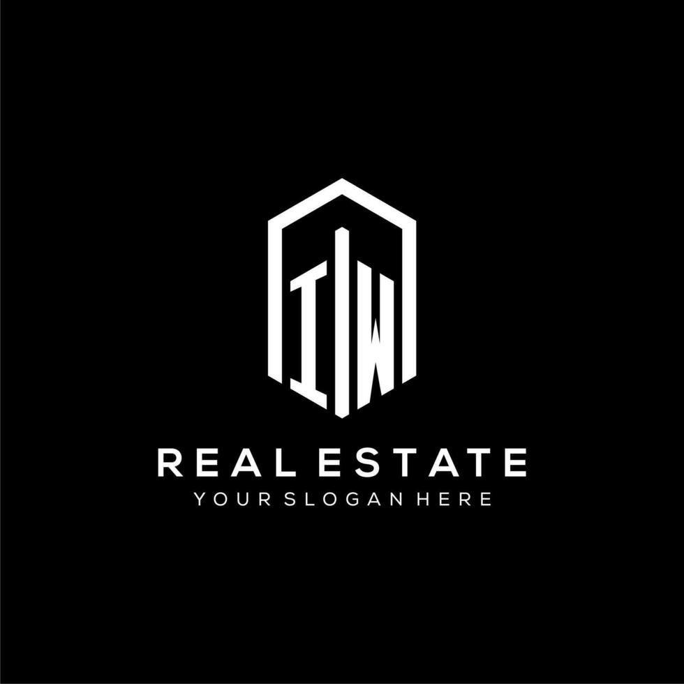 Letter IW logo for real estate with hexagon icon design vector