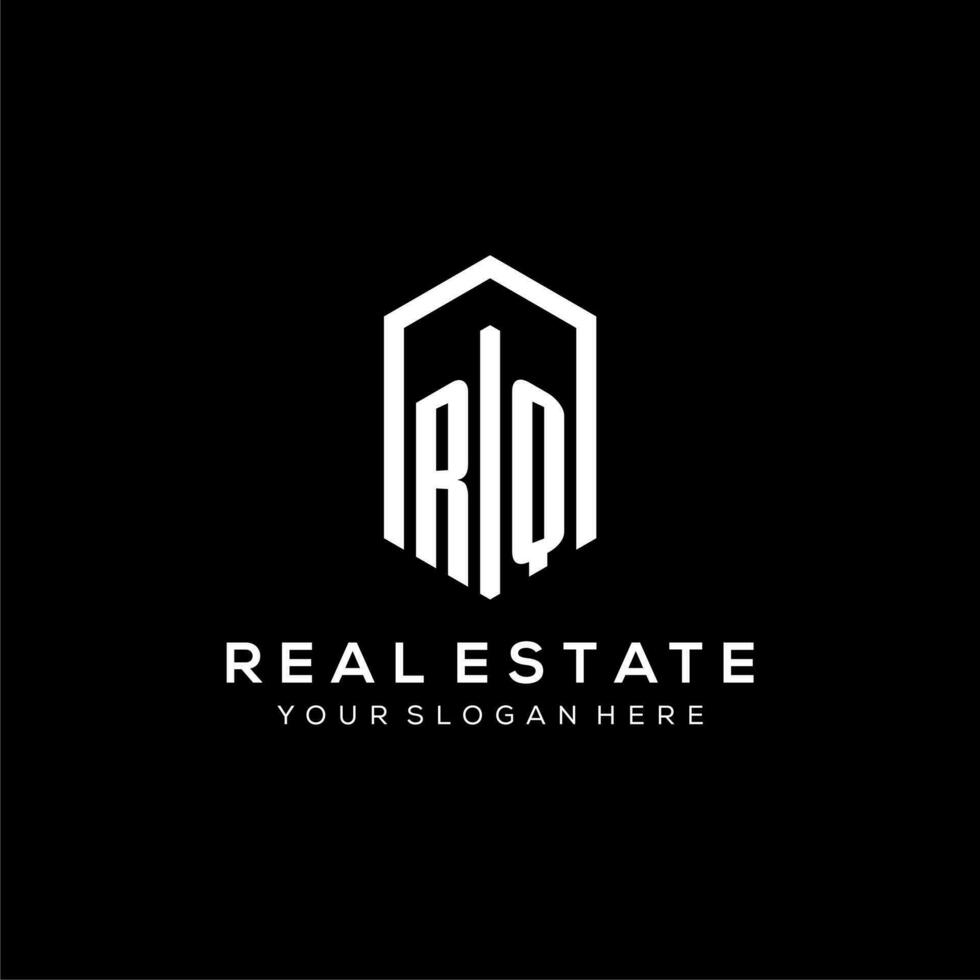 Letter RQ logo for real estate with hexagon icon design vector