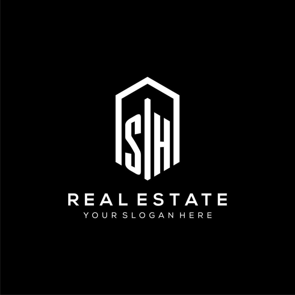 Letter SH logo for real estate with hexagon icon design vector