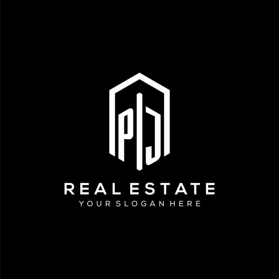 Letter PJ logo for real estate with hexagon icon design vector