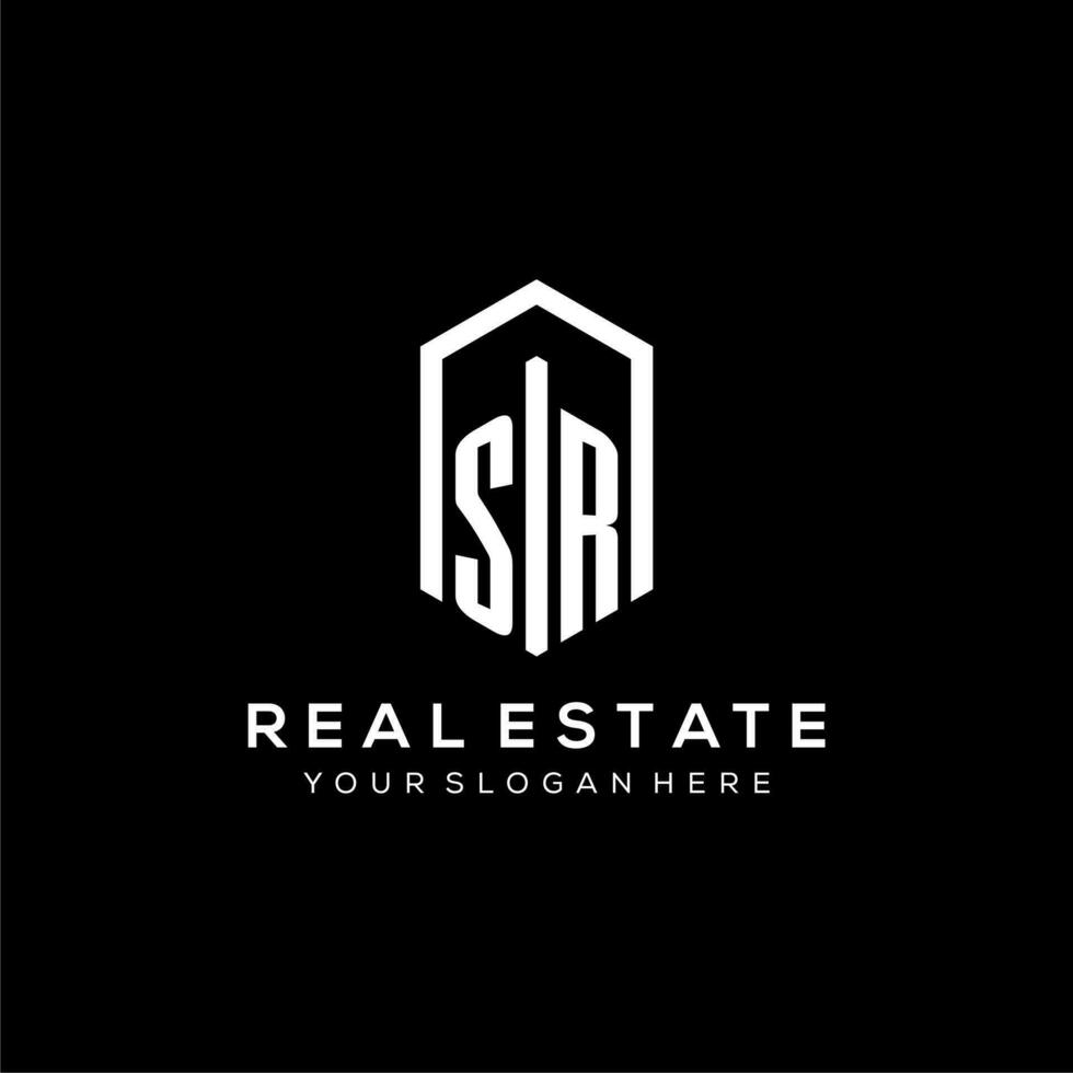 Letter SR logo for real estate with hexagon icon design vector