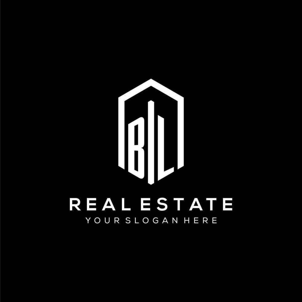 Letter BL logo for real estate with hexagon icon design vector