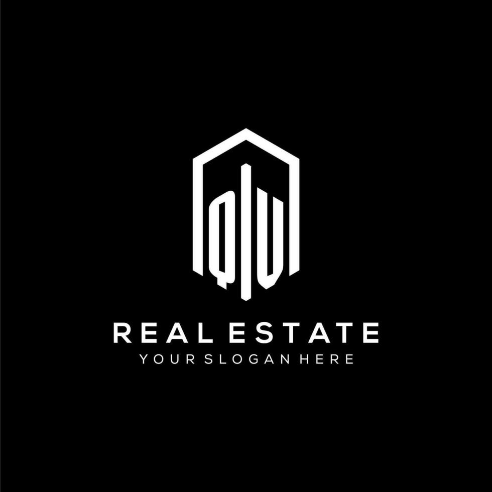 Letter QV logo for real estate with hexagon icon design vector