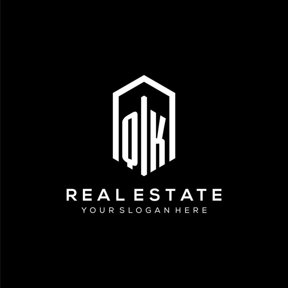 Letter QK logo for real estate with hexagon icon design vector