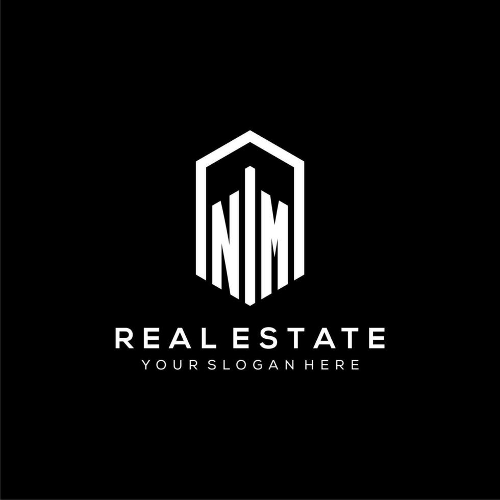 Letter NM logo for real estate with hexagon icon design vector