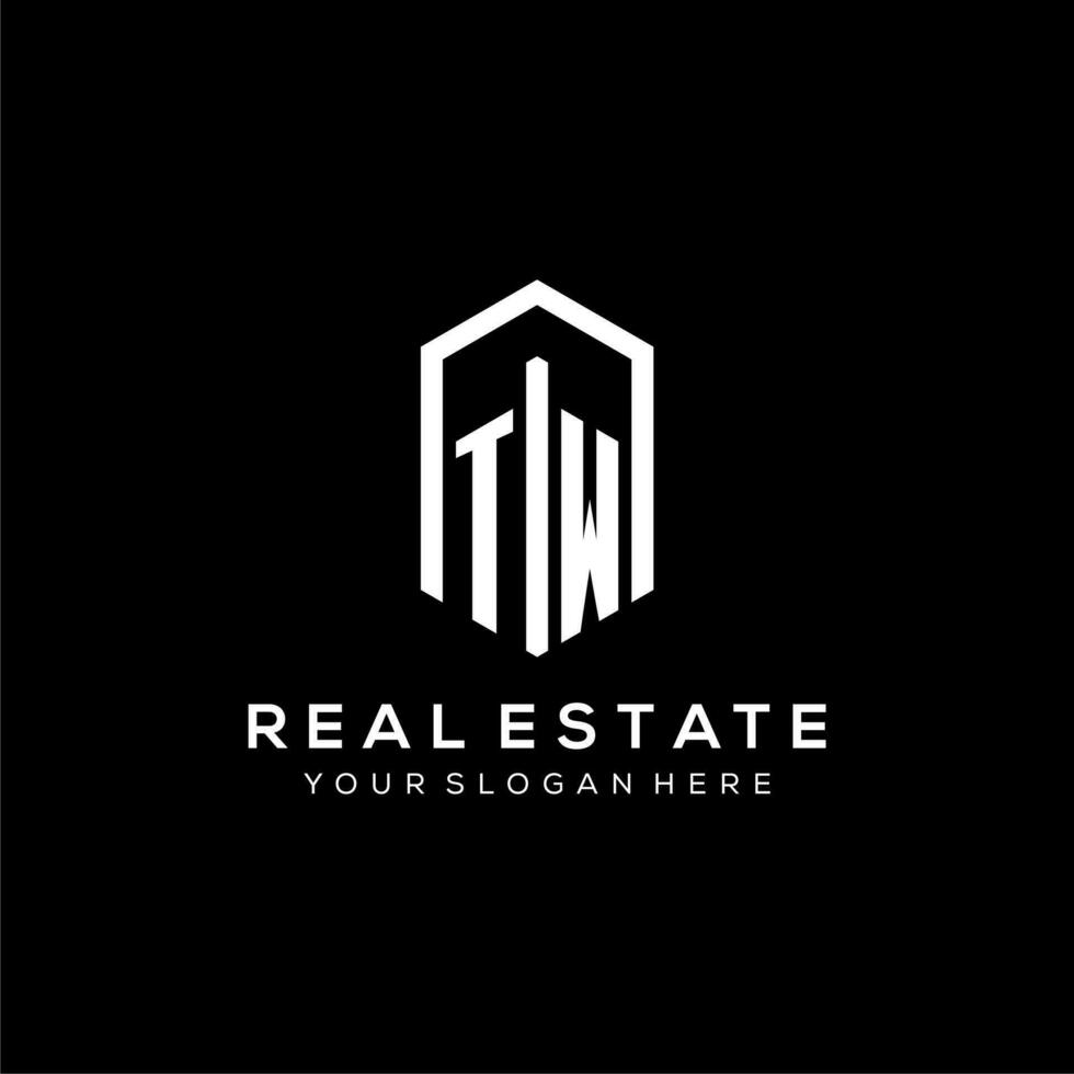 Letter TW logo for real estate with hexagon icon design vector