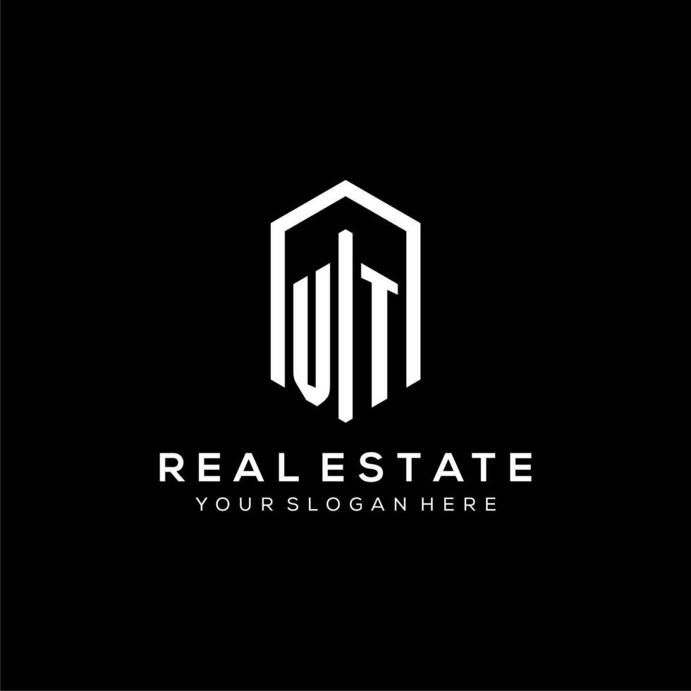 Letter VT logo for real estate with hexagon icon design vector