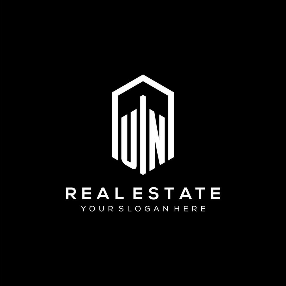 Letter UN logo for real estate with hexagon icon design vector