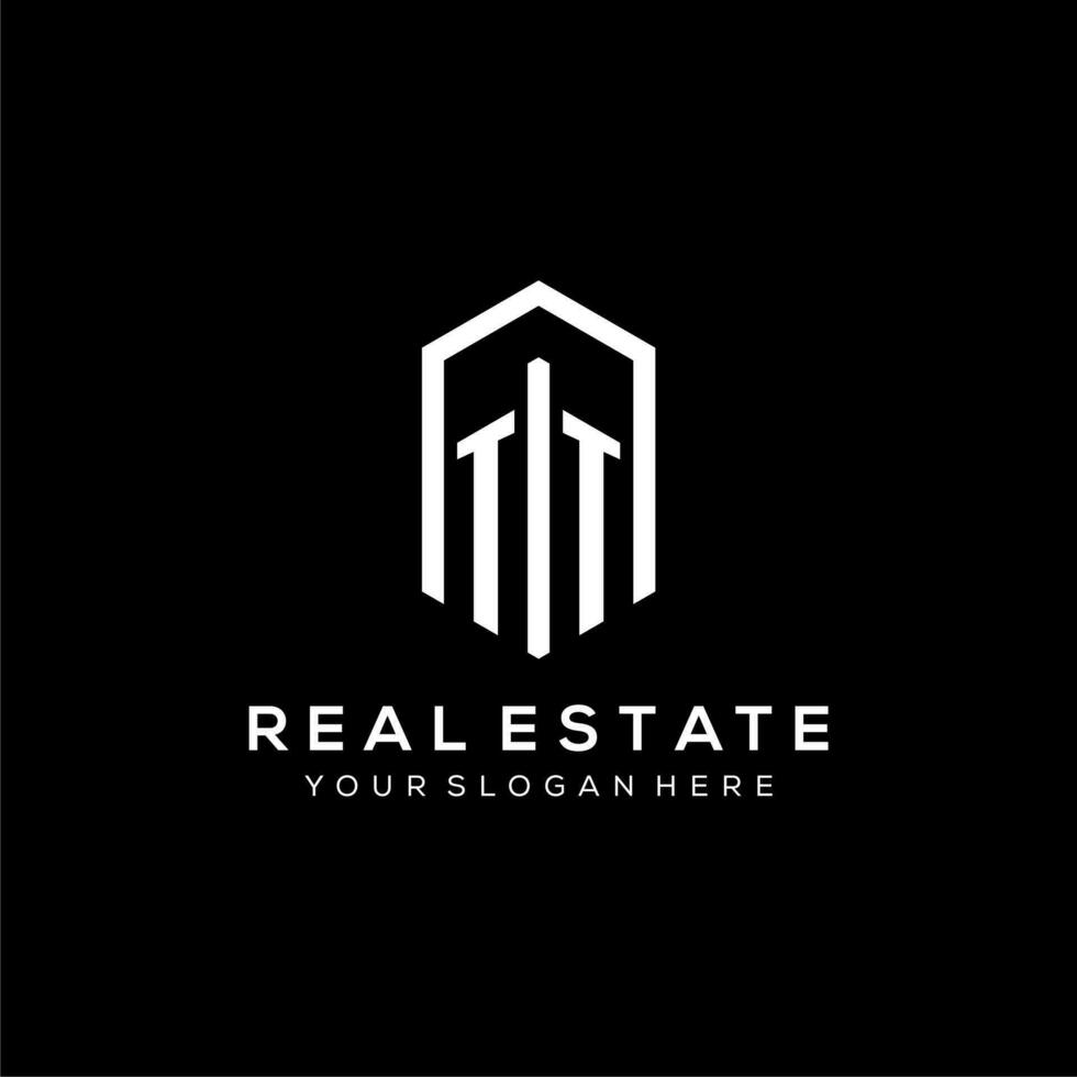Letter TT logo for real estate with hexagon icon design vector