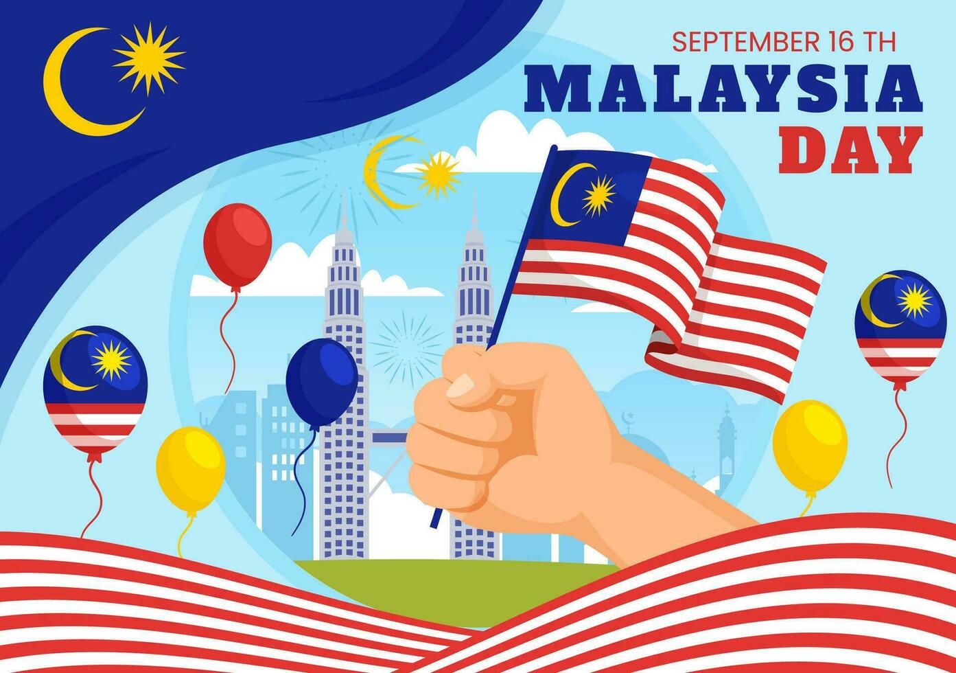 Happy Malaysia Day Celebration Vector Illustration on 16 September with Waving Flag and Twin Towers in Flat Cartoon Hand Drawn Templates