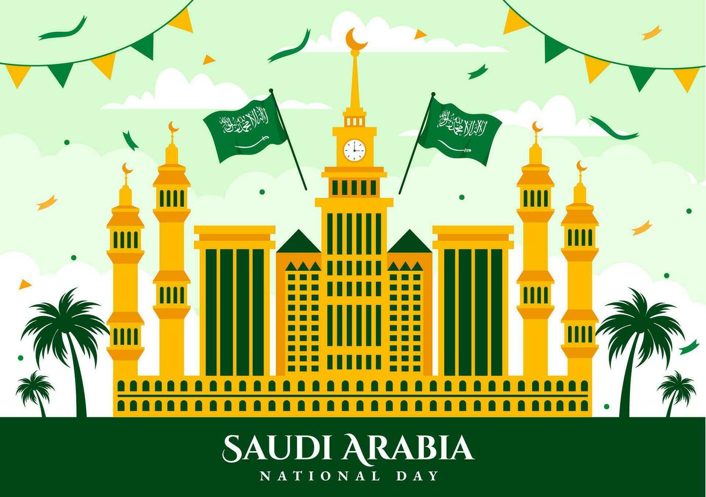 Happy Saudi Arabia National Day Vector Illustration on September 23 with Waving Flag Background in Flat Cartoon Hand Drawn Landing Page Templates