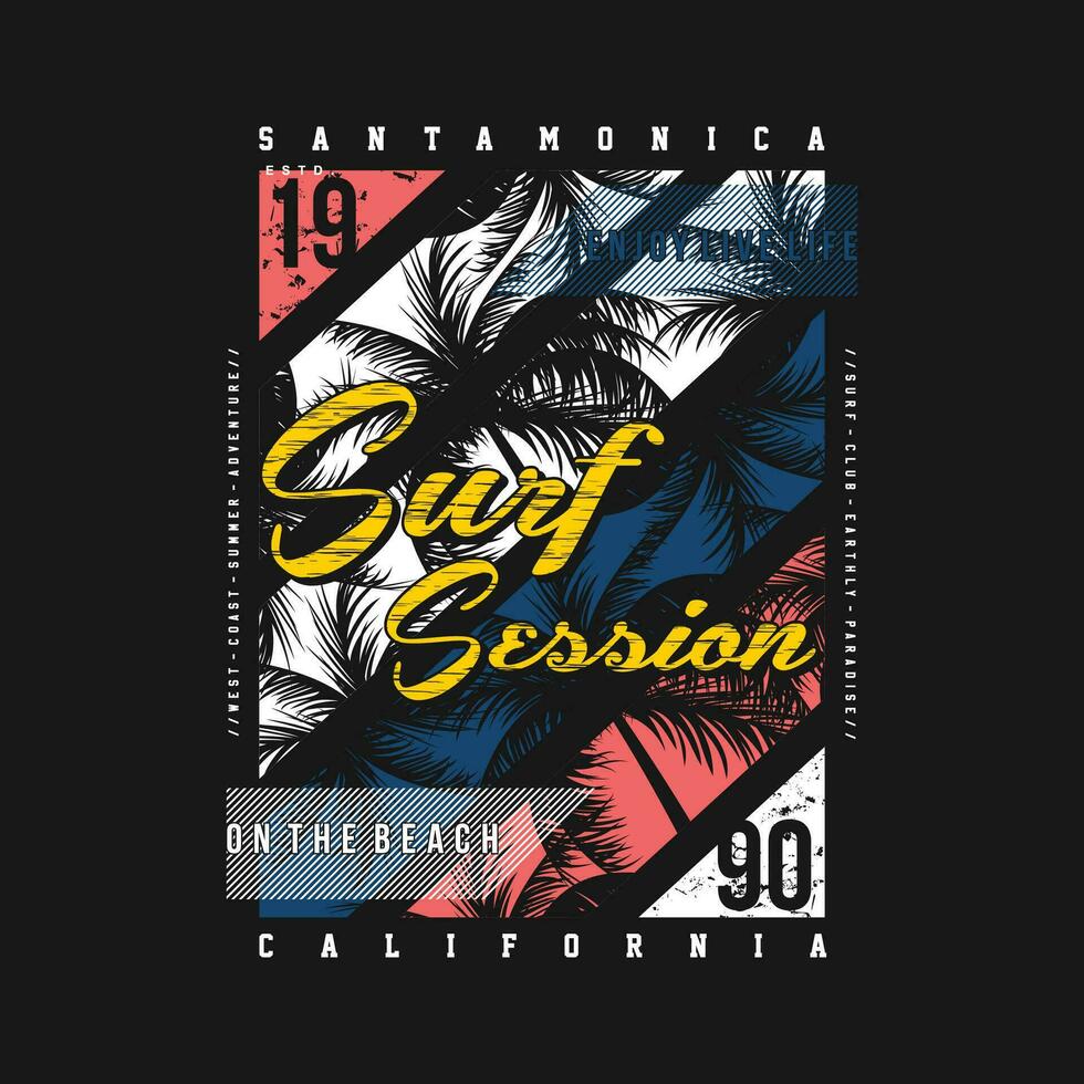 santa monica surf session on beach theme graphics design typography, t shirt vectors, summer adventure vector