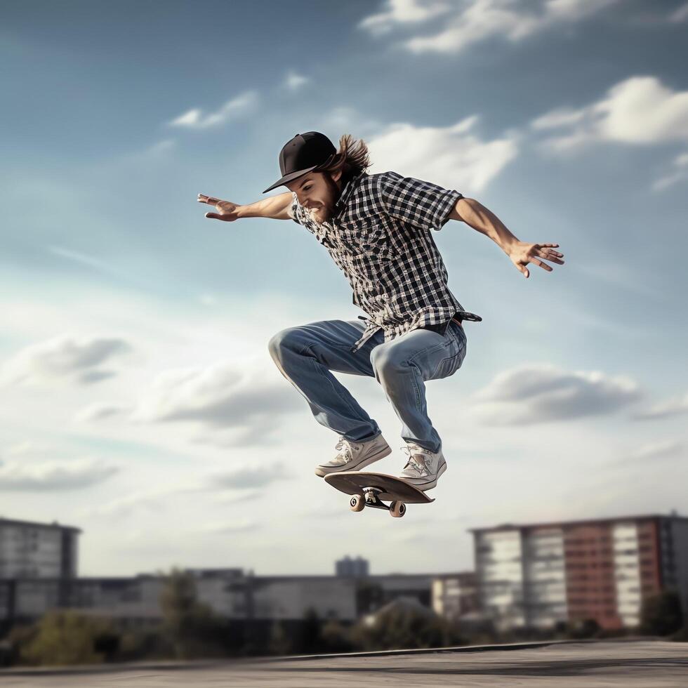 A caucasian man doing tricks or jumping on a skateboard at the street. Young man with skater jumping concept by photo