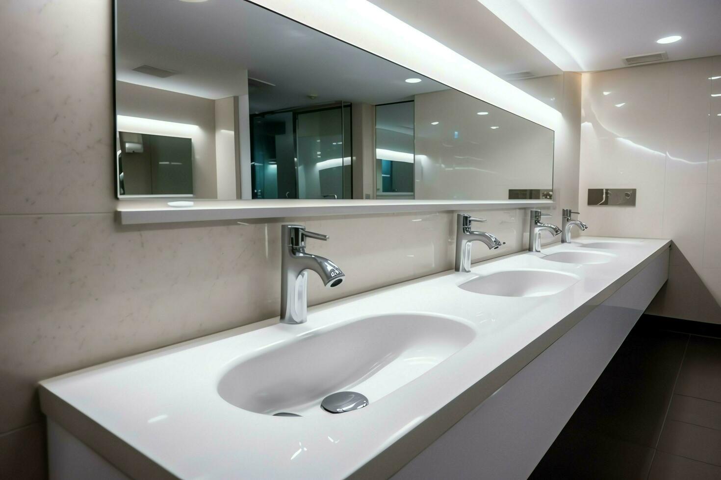 Modern public bathroom with row of white ceramic wash sink basins and faucet with mirror in restroom concept by AI Generated photo