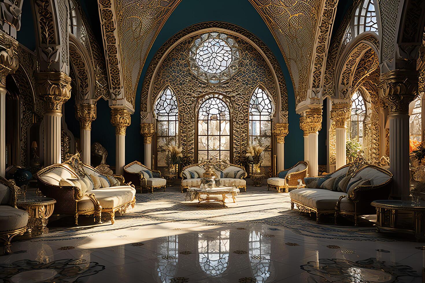 Very luxurious room and large with walls decorated with moroccan mosaic. Room in traditional islamic concept by photo