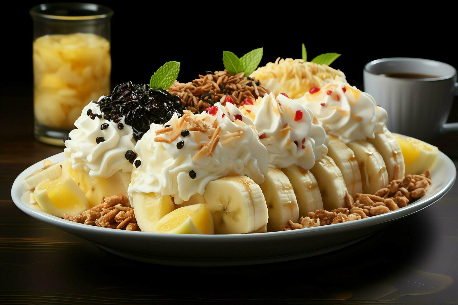 A delicious Banana split ice cream dessert with chocolate syrup. Banana split ice cream dessert by AI Generated photo