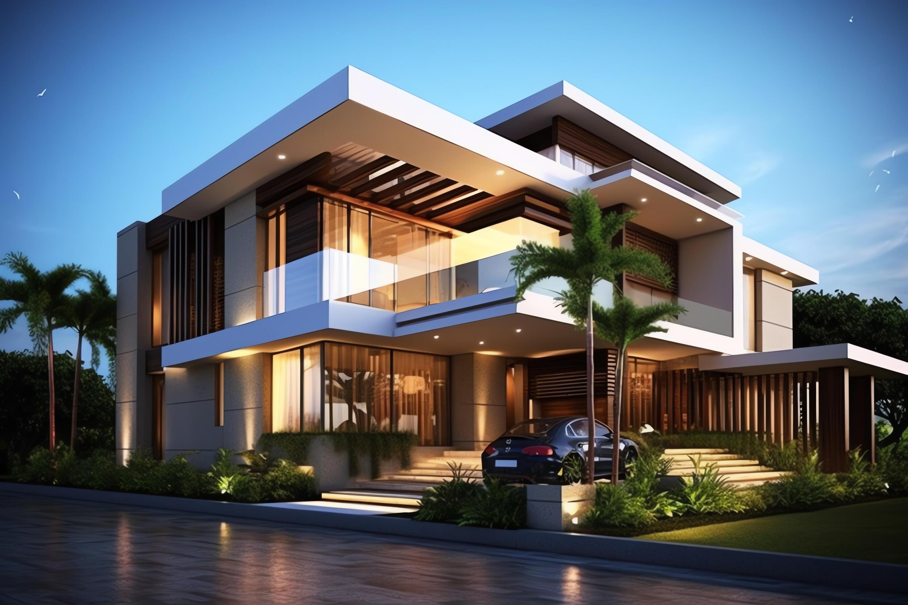 Beautiful modern house exterior with carport. Modern residential