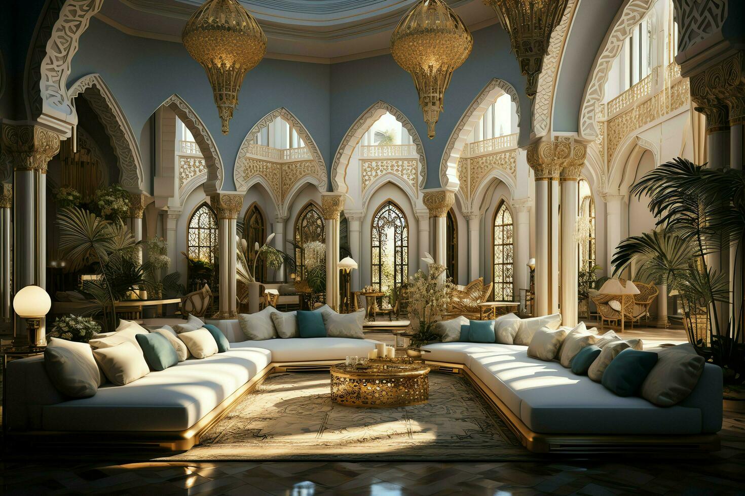 Very luxurious room and large with walls decorated with moroccan mosaic. Room in traditional islamic concept by AI Generated photo