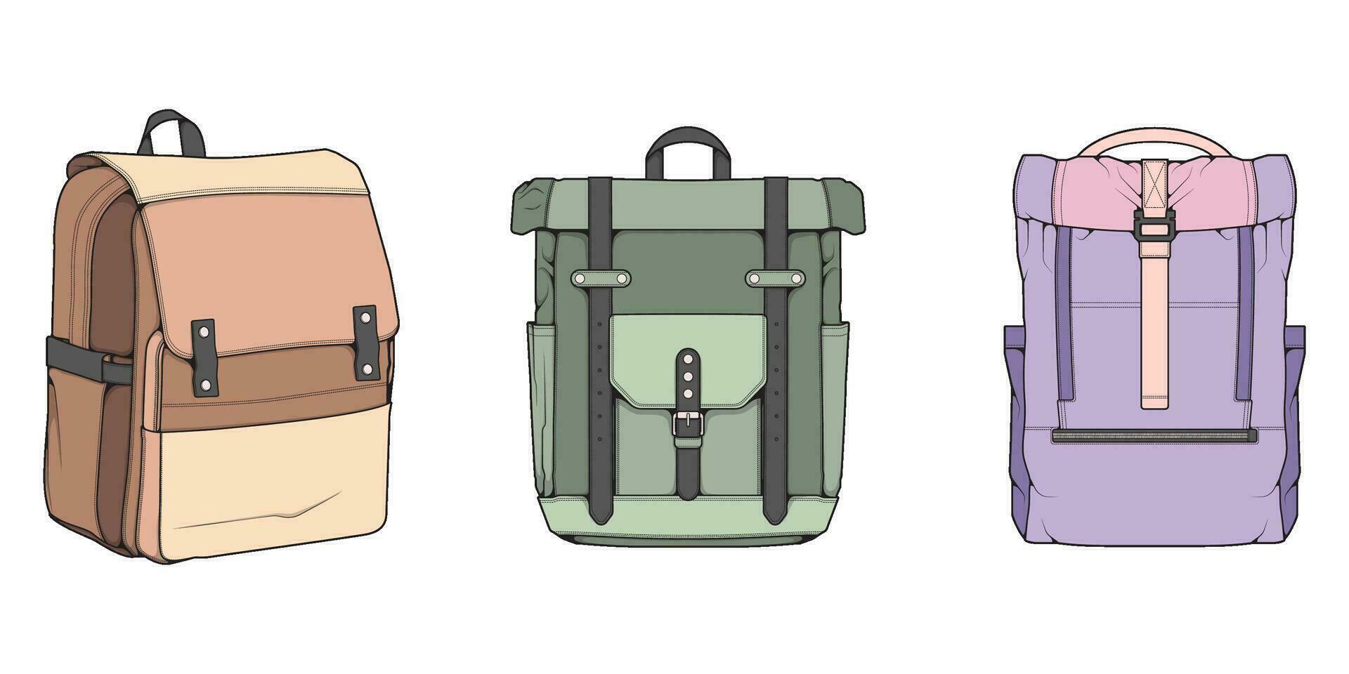 Hand drawn colorfull Vector Set of Backpacks. Cartoon Casual Backpack, cool backpack colorfull. Backpacks Vector illustration.