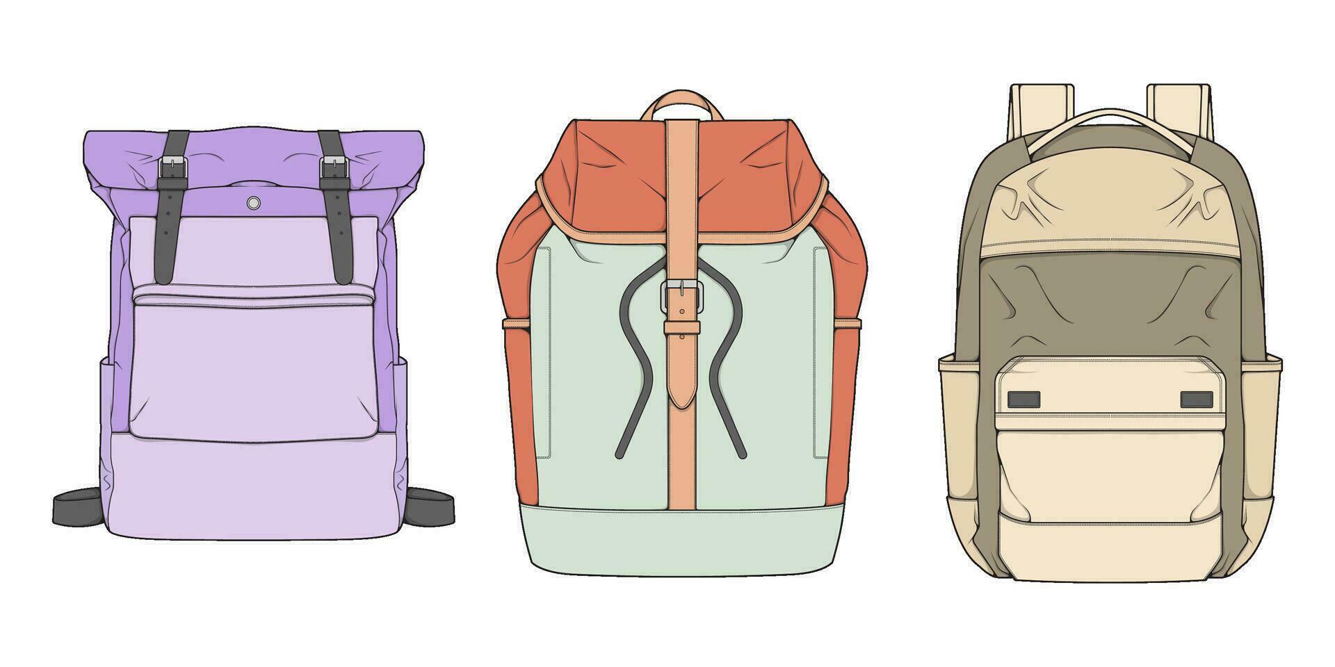 Hand drawn colorfull Vector Set of Backpacks. Cartoon Casual Backpack, cool backpack colorfull. Backpacks Vector illustration.