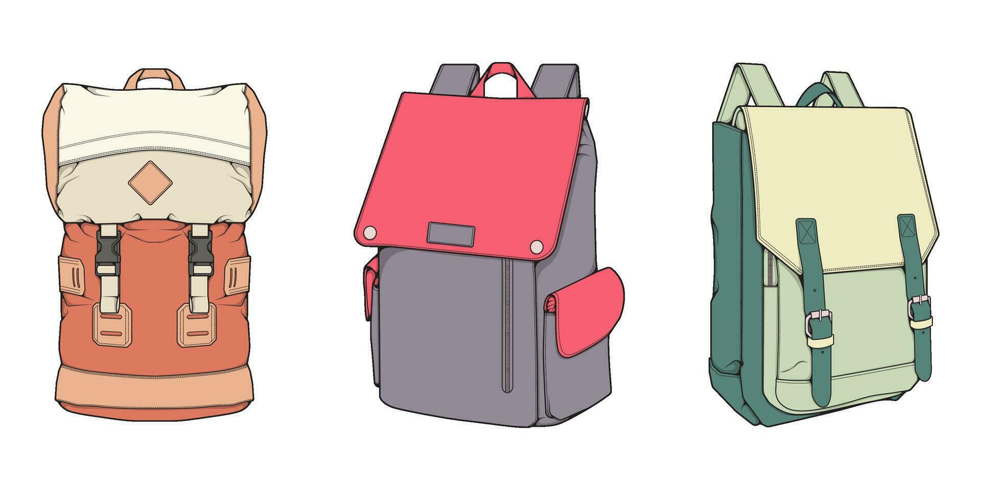 Hand drawn colorfull Vector Set of Backpacks. Cartoon Casual Backpack