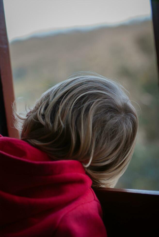 Child looking out of train window photo