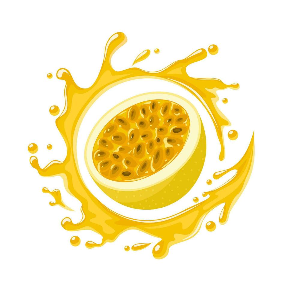 Vector illustration, passion fruit or Passiflora edulis, with splashes of juice, isolated on white background.